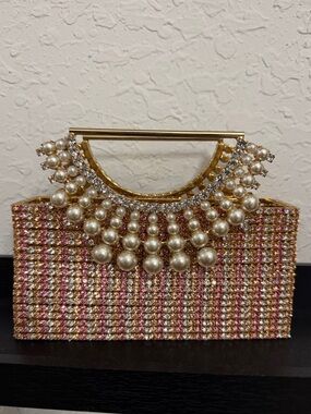 Pearl & Crystal Embellished Pink Gold Evening Clutch